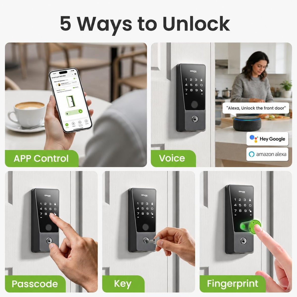 GHome Smart Wifi Door Lock, 5-in-1 Fingerprint Keyless Entry Door Lock