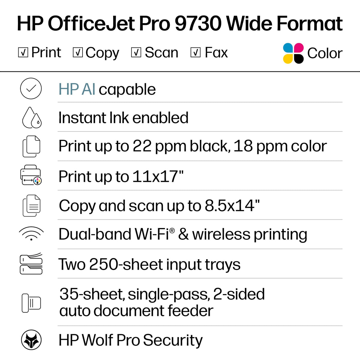 HP OfficeJet Pro 9730 Wide-Format Wireless All-in-One Color Inkjet Printer, Print, scan, Copy, fax, up to 11x17 ADF, Duplex Print/scan, Best-for-Office, 3 Month Trial of Instant Ink Included(C2WH0A)