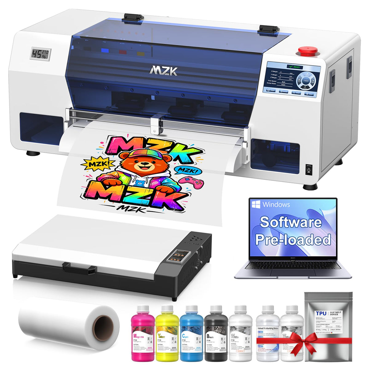 MZK 14'' A3 DTF Printer F1080 Printhead with Auto Maintenance– Ready to Run Out of Box,2X-Speed vs L1800,One-Click Print-to-Bake,White Ink Circulation,Printhead Anti-Clog Design,2-Year Free Ink
