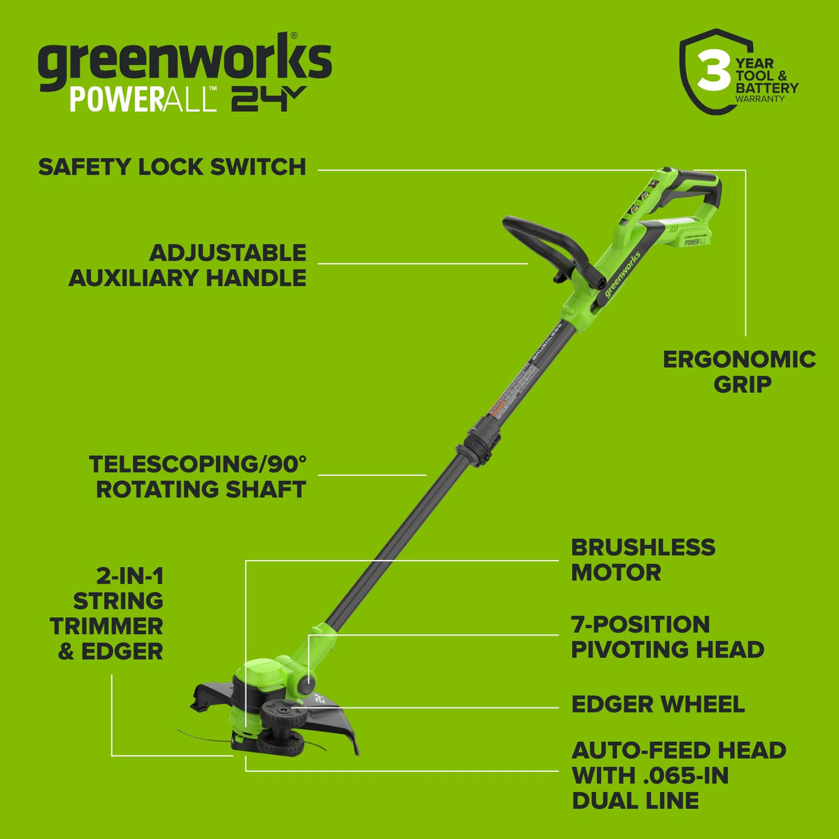 Greenworks 24V 12 in String Trimmer & 515 CFM Blower Combo, 3.0 Ah Battery