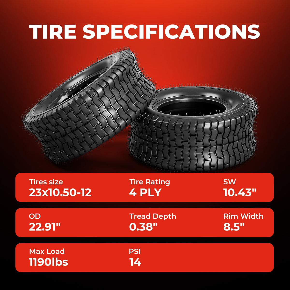 23x10.50-12 Lawn Mower Tires,2-Pack,4 Ply,Tubeless