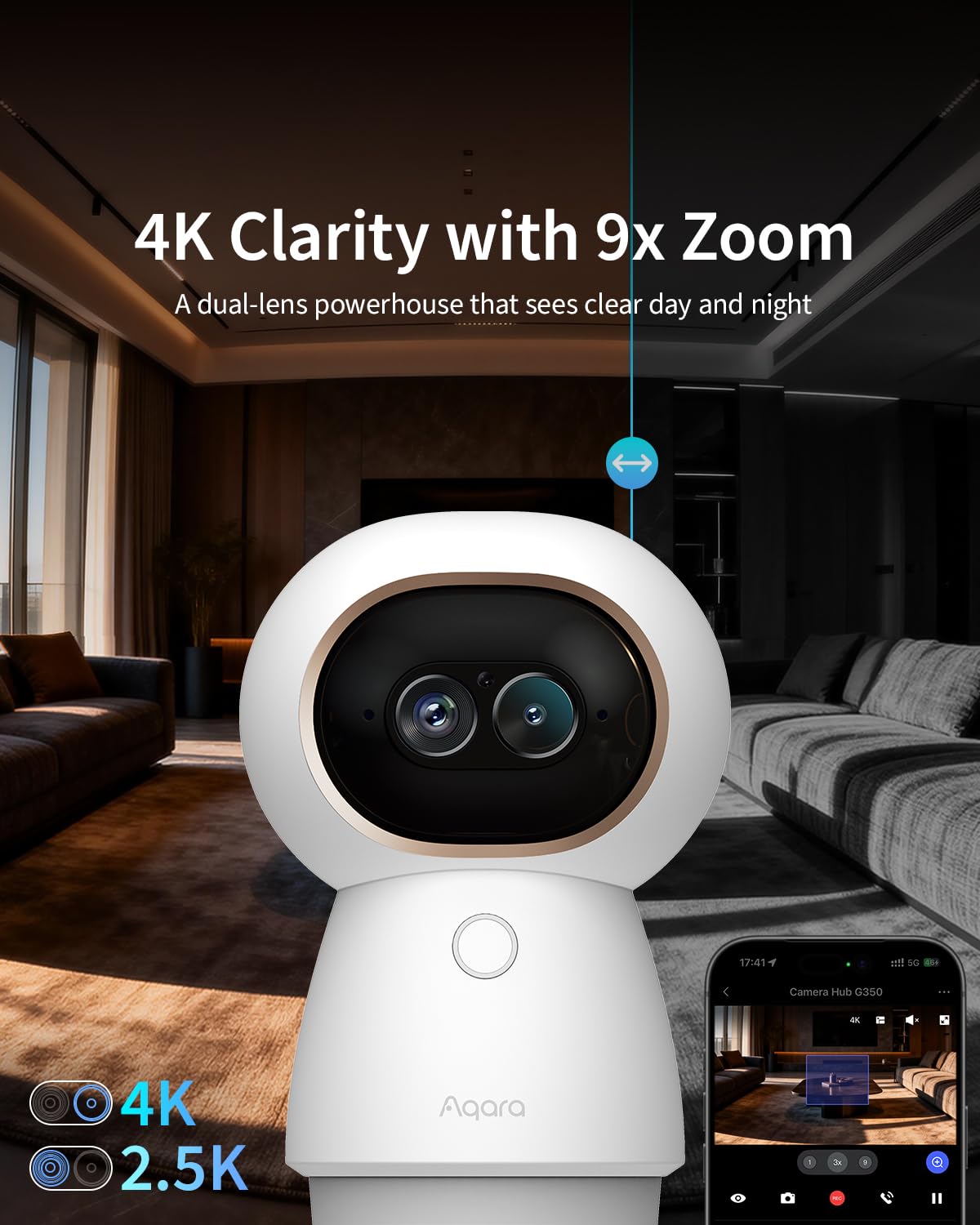Aqara Indoor Security Camera G350, 4K UHD Dual-Lens Matter Camera Hub