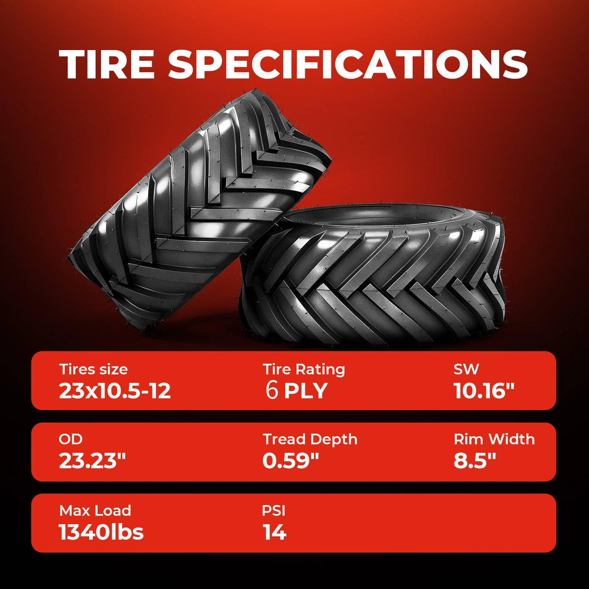23x10.50-12 Lawn & Garden Mower Tires, Set of 2,6 Ply Tubeless