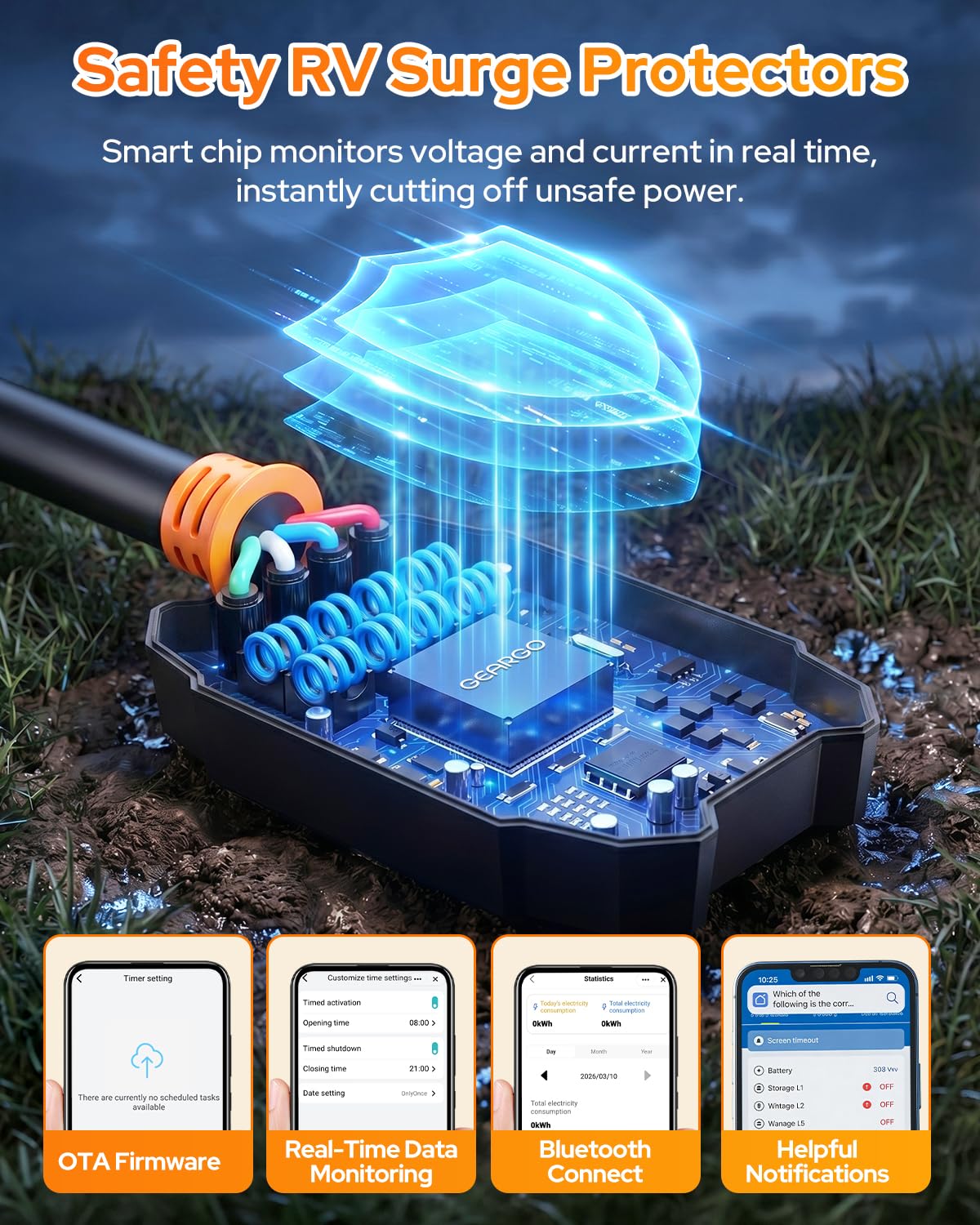 𝑨𝑳𝑳-𝑵𝑬𝑾 RV Surge Protector 50 Amp, 30000J RV Circuit Analyzer with Smart APP & Bluetooth, Larger LED Display, IP68 RV Adapter Plug for Camper, Travel Trailers