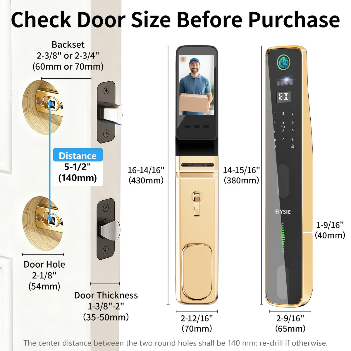 EIYSIE WiFi Smart Lock with Camera & Doorbell, 8-in-1 Keypad Deadbolt, Gold