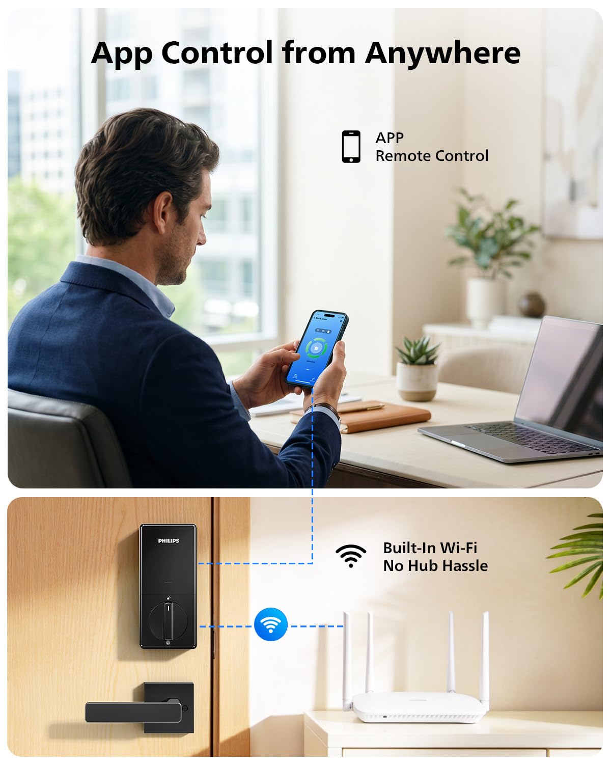 Philips Wi-Fi Smart Front Door Lock Set, Keyless Entry Door Lock with Handle, App Remote Control, Electronic Keypad Deadbolt, Auto Lock, Supports Alexa & Google, Anti-Peeping Password, Easy Install