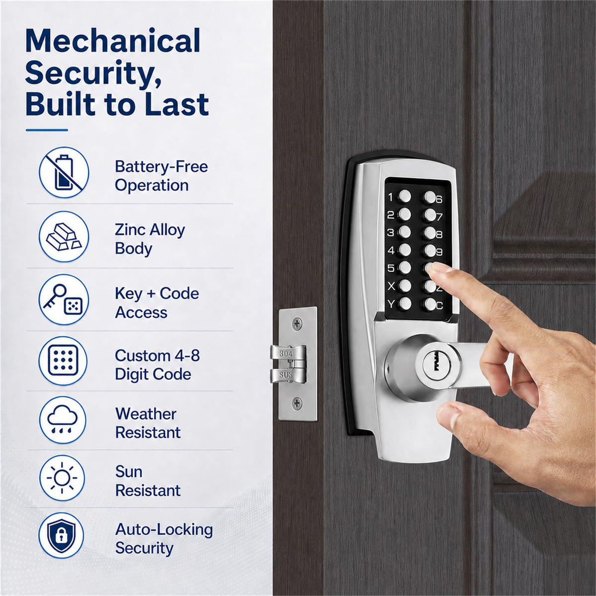 Keyless Door Lock with Handle, Battery-Free Mechanical Keypad Lock