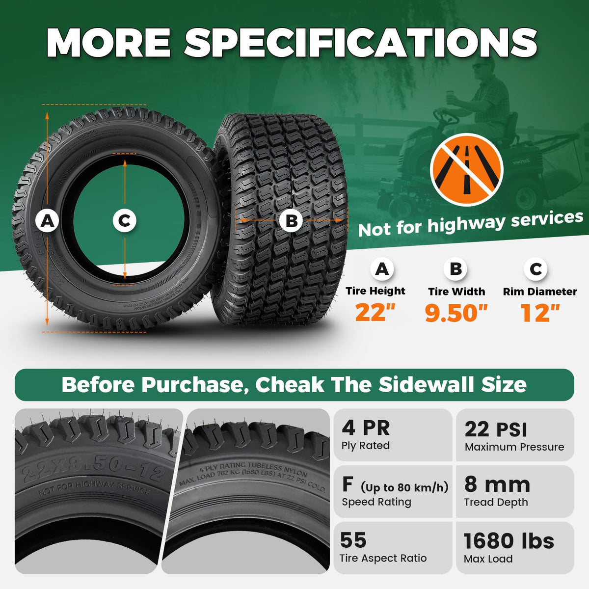 2Pcs 22x9.50-12 Lawn Mower Tires, 4PR 22x9.5-12 Garden Tractor Tires, 1680lbs Capacity, Fits Grass Mud Hilly Terrain