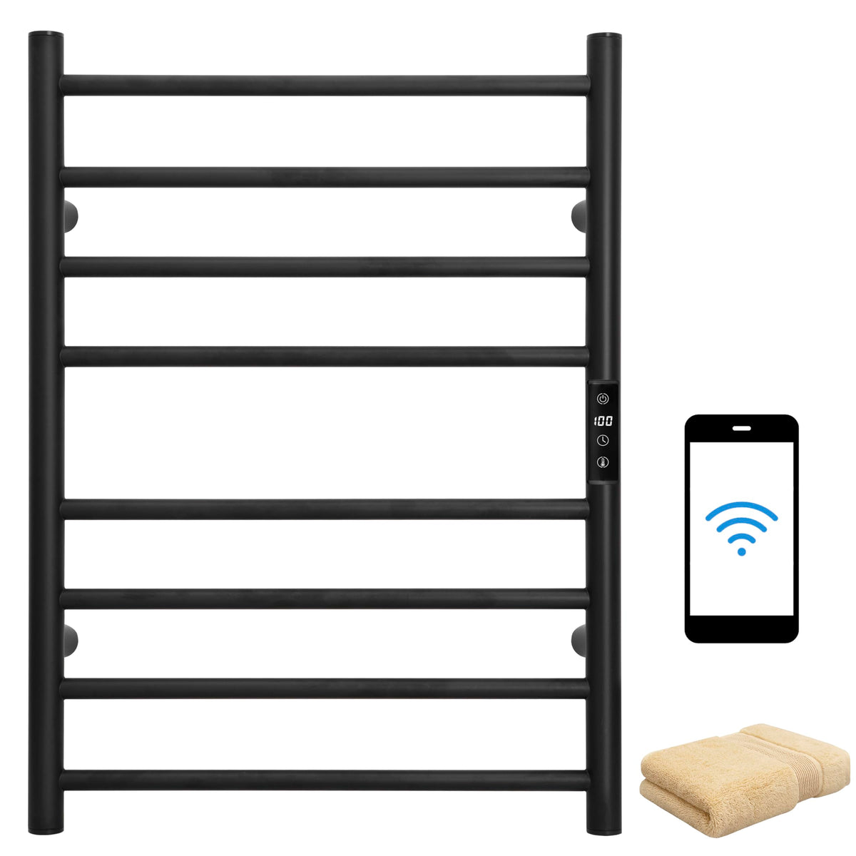 Smart WiFi Towel Warmer Wall Mounted with Built-in Timer and Temperature Adjust Control, 4 Bars Electric Stainless Steel Heated Towel Racks for Bathroom Matte Black