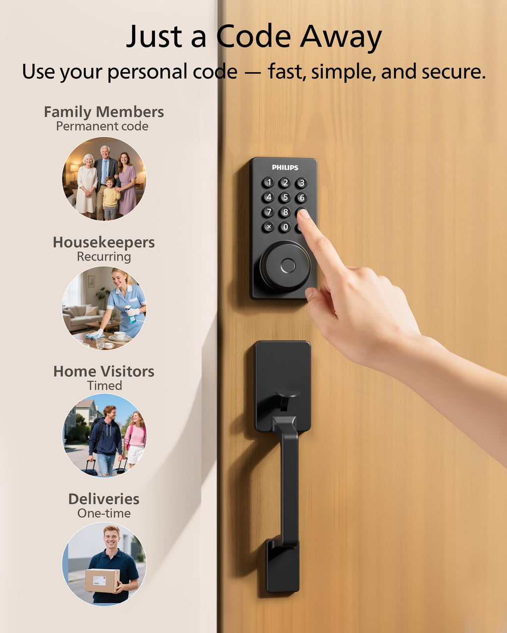 Philips Upgraded Wi-Fi Smart Front Door Lock Set, Fingerprint Keyless Entry Deadbolt, Keypad Lock with Handle, App Remote Control, IP53 Waterproof, Auto Lock, Anti-Peeping Password, Easy Install