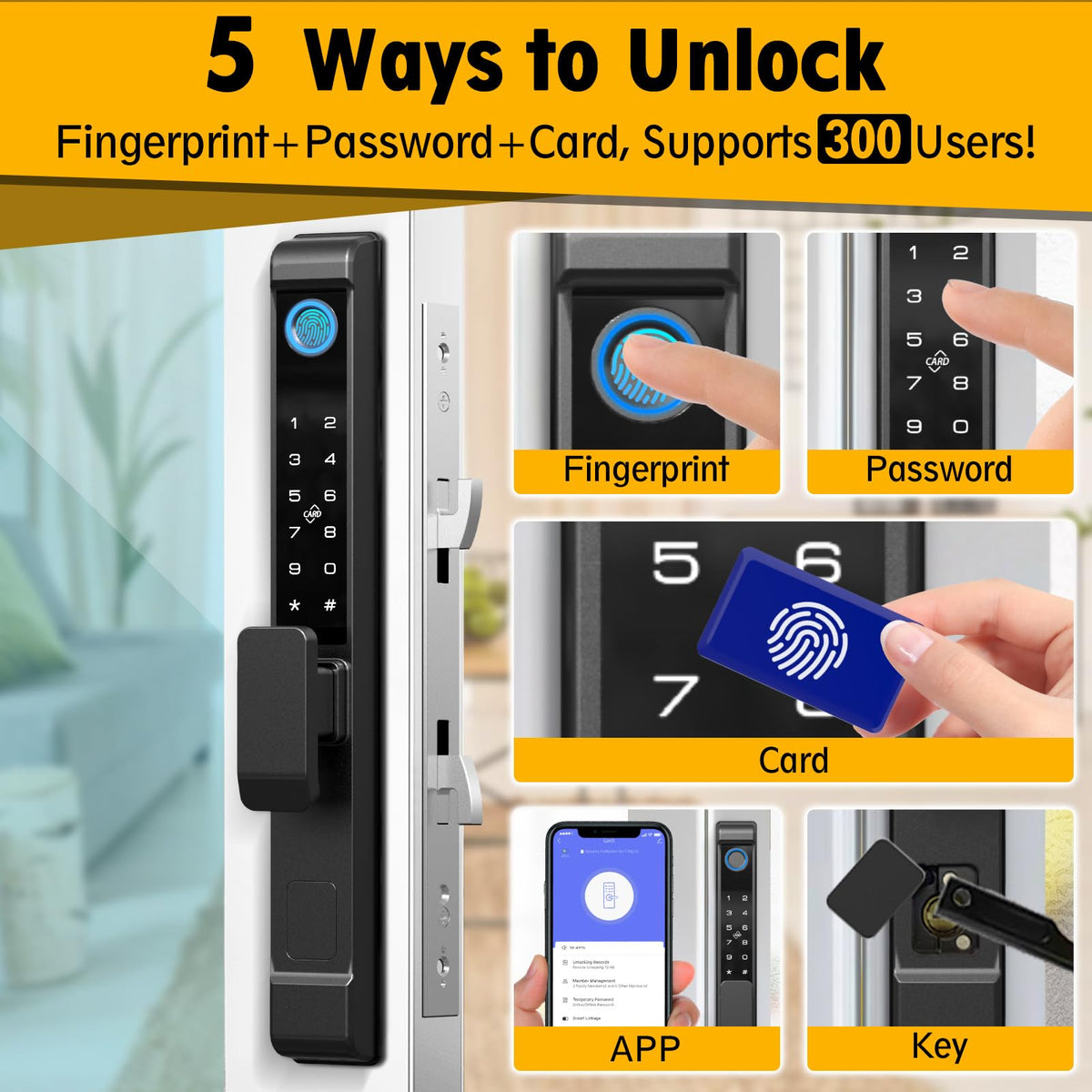 Sliding Glass Door Lock, Sliding Door Smart Lock with Fingerprint Keypad RFID Card Bluetooth App Key, 2885 Mortise Deep Pocket Patio Door Lock with Handle