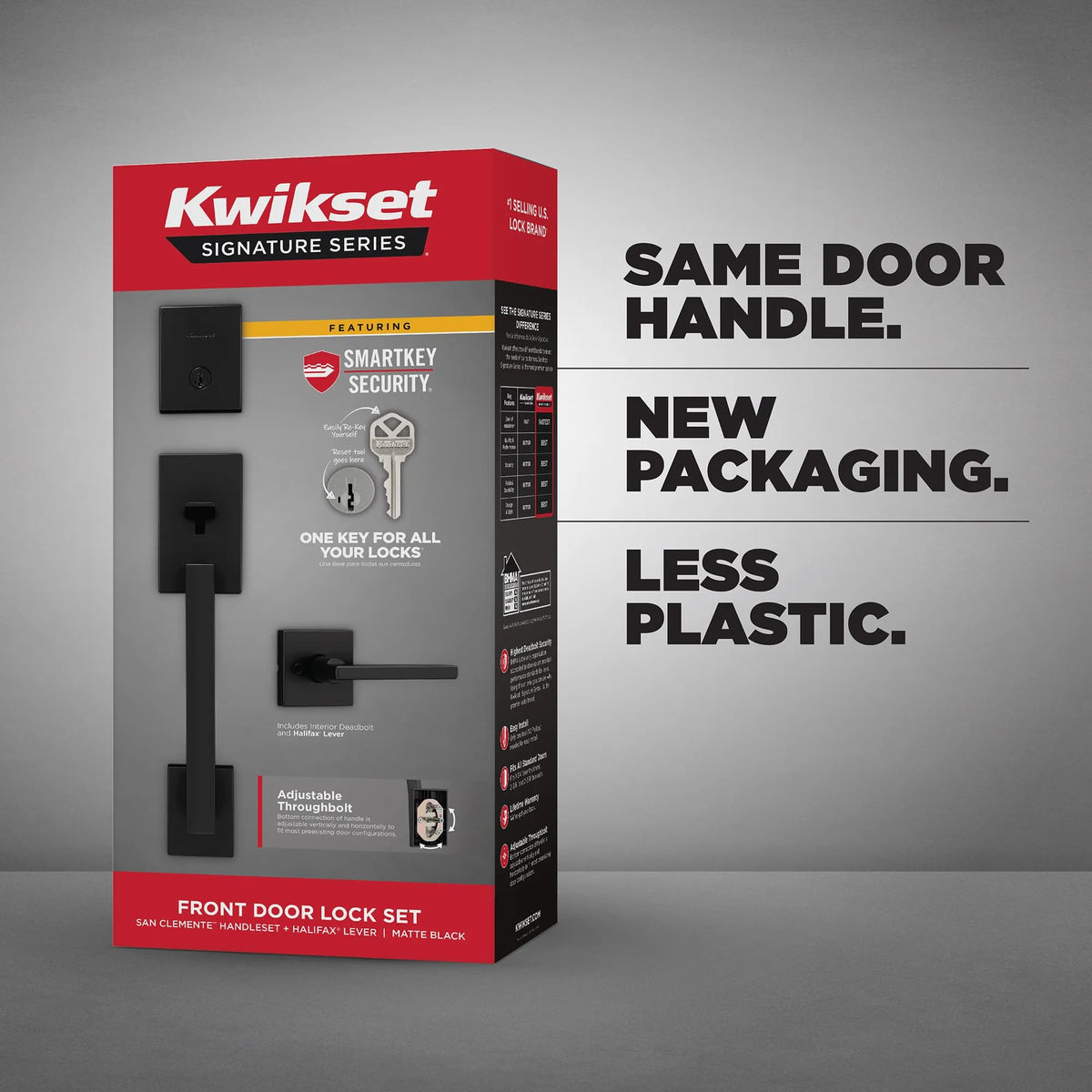 Kwikset San Clemente Front Door Lock Handle and Deadbolt Set, Entry Door Handleset Exterior with Interior Reversible Lever, Matte Black, Pick Resistant SmartKey Rekey Deadbolt Security