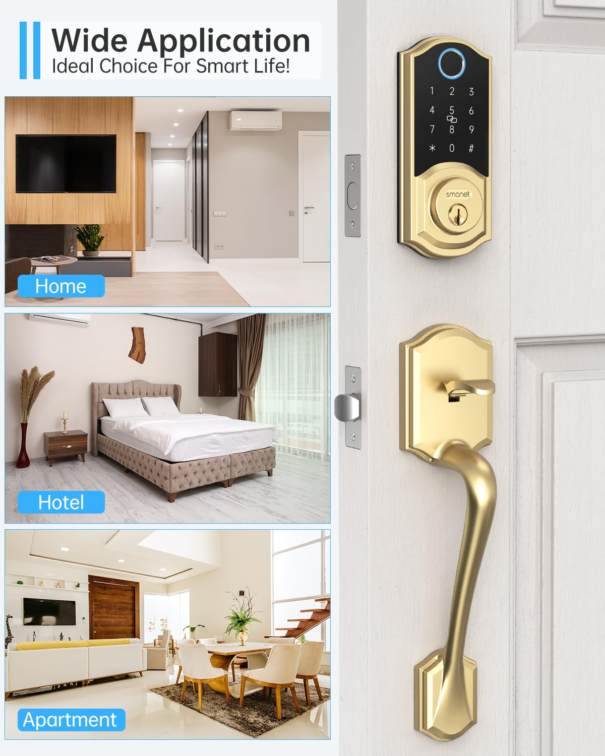 SMONET Smart Lock Brass Fingerprint Deadbolt, Keyless Entry Door Lock