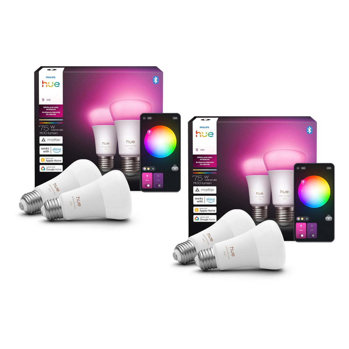 Philips Hue Smart LED A19 Bulb 4-Pack White and Color Ambiance, E26 Base,10.5W, Full Spectrum Light 1000K-20000K,1100 Lumens, Dimmable,Compatible with Alexa,Google, Apple Home