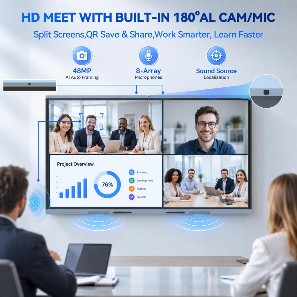 75" AI Pro Smart Board for Classroom & Office, Android 16 & Win 11 16G RAM+256G ROM, 48MP Camera Build in 4K UHD Interactive Whiteboard with Touchscreen & 8 Mic Array,Electronic Whiteboard for Meeting