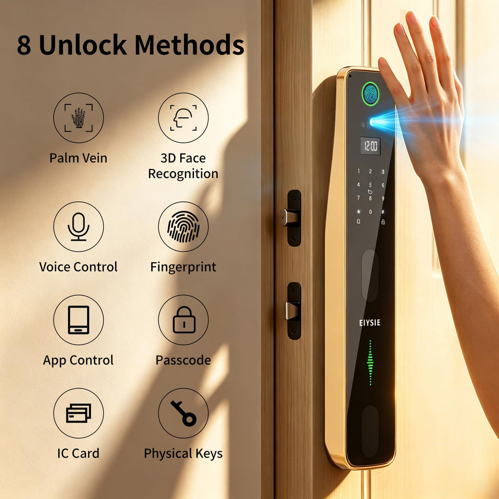 EIYSIE WiFi Smart Lock with Camera & Doorbell, 8-in-1 Keypad Deadbolt, Gold