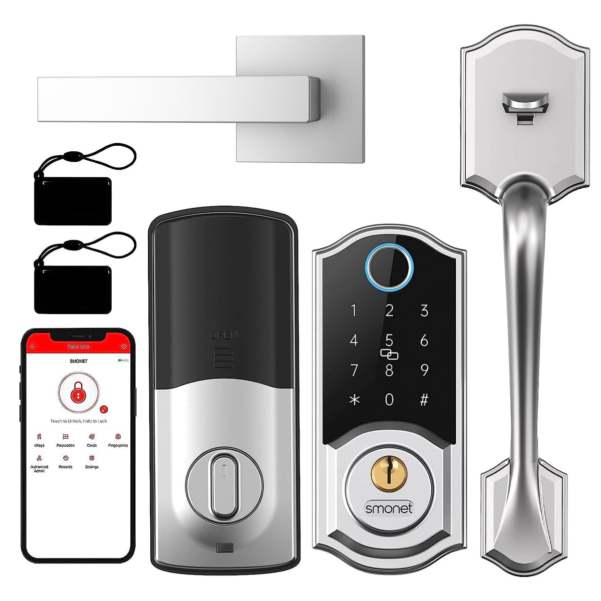 Smart Lock Front Door, SMONET Keyless Entry Door Lock with Handle, Smart Front Door Lock Set Fingerprint Smart Deadbolt Bluetooth Electronic Digital Keypad Lock, Auto Lock Work with Alexa, Black