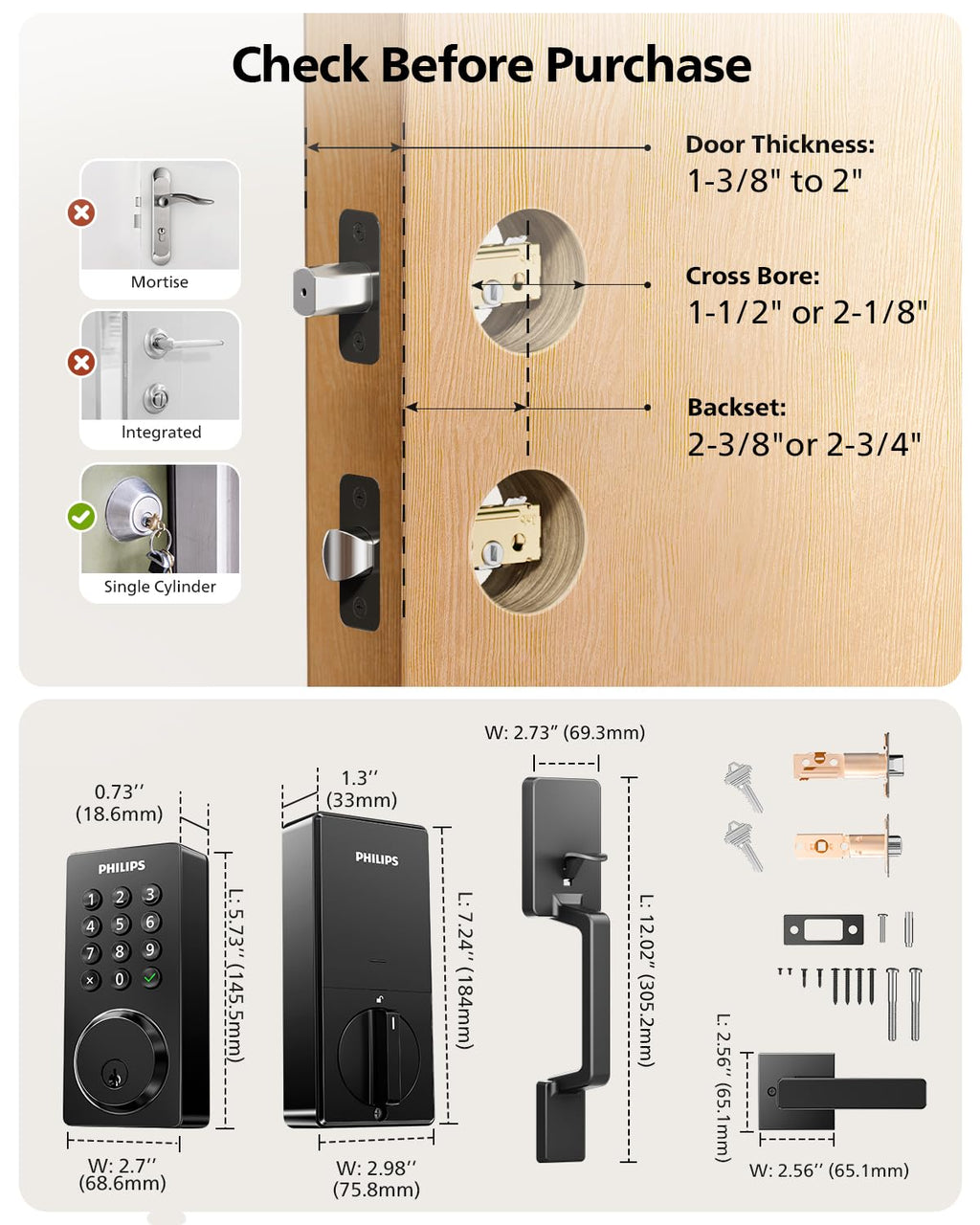 Philips Wi-Fi Smart Front Door Lock Set, Keyless Entry Door Lock with Handle, App Remote Control, Electronic Keypad Deadbolt, Auto Lock, Supports Alexa & Google, Anti-Peeping Password, Easy Install