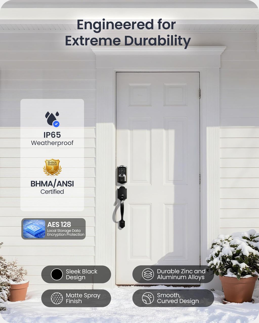 Veise VE027-H Wi-Fi Smart Lock for Front Door with Handle Set, Matte Black