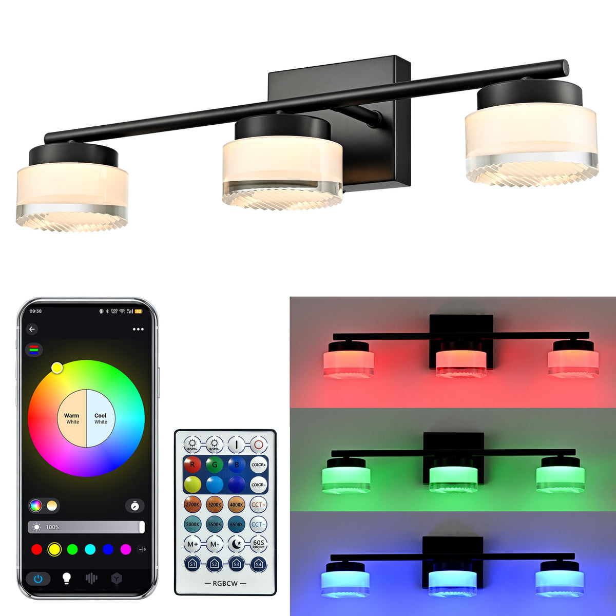 DAYCENT Black 3-Light Bathroom Vanity Lights with APP/Remote Control 21.26"