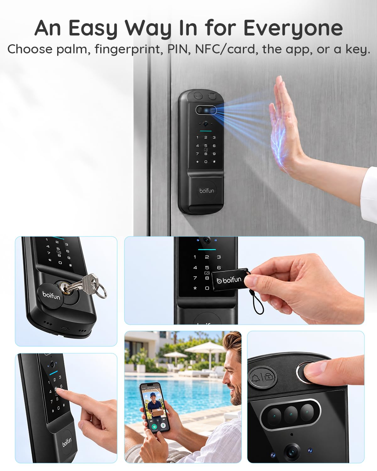 BOIFUN Palm Vein Smart Lock with Camera, WiFi and Doorbell for Front Door