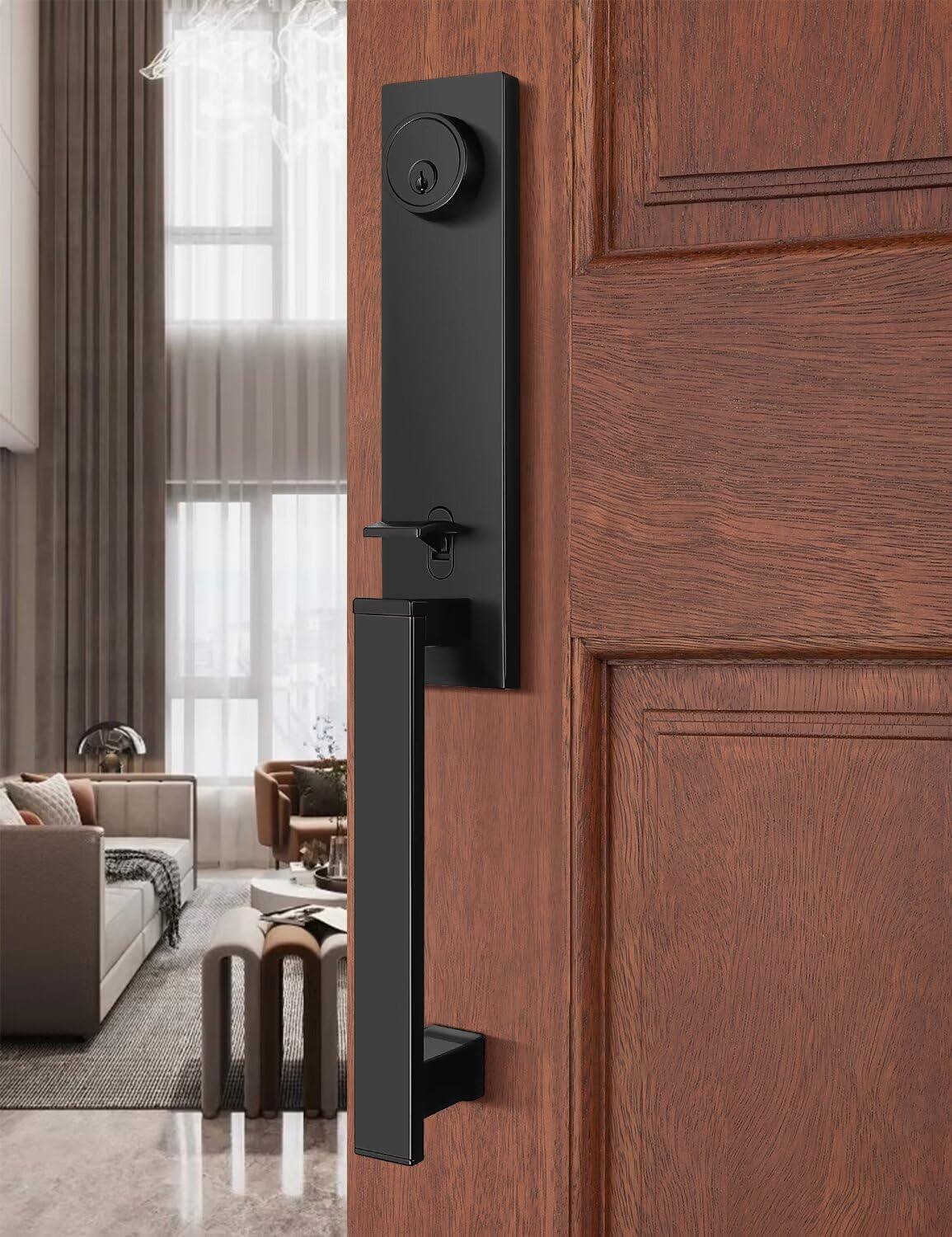 Keyless Entry Door Lock with Lever, Full Escutcheon Smart Door Handle, Digital Keypad Deadbolt with App, Front Door Handleset with Single Cylinder Deadbolt and Lever, Auto Locking, Black Finish