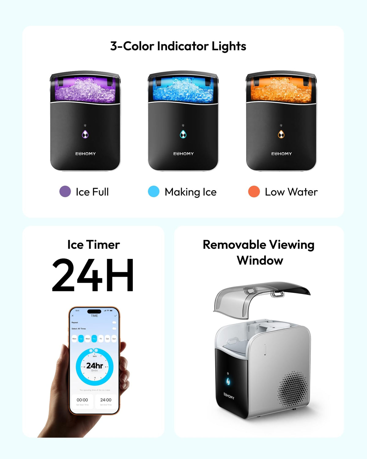 EUHOMY Smart Nugget Ice Maker Countertop, 42lbs/24H, Ready in 7 Mins, Portable Sonic Ice Maker with APP/Alexa Control, Self-Cleaning, Pebble Ice Makers with Hanging Ice Scoop for Home/Office