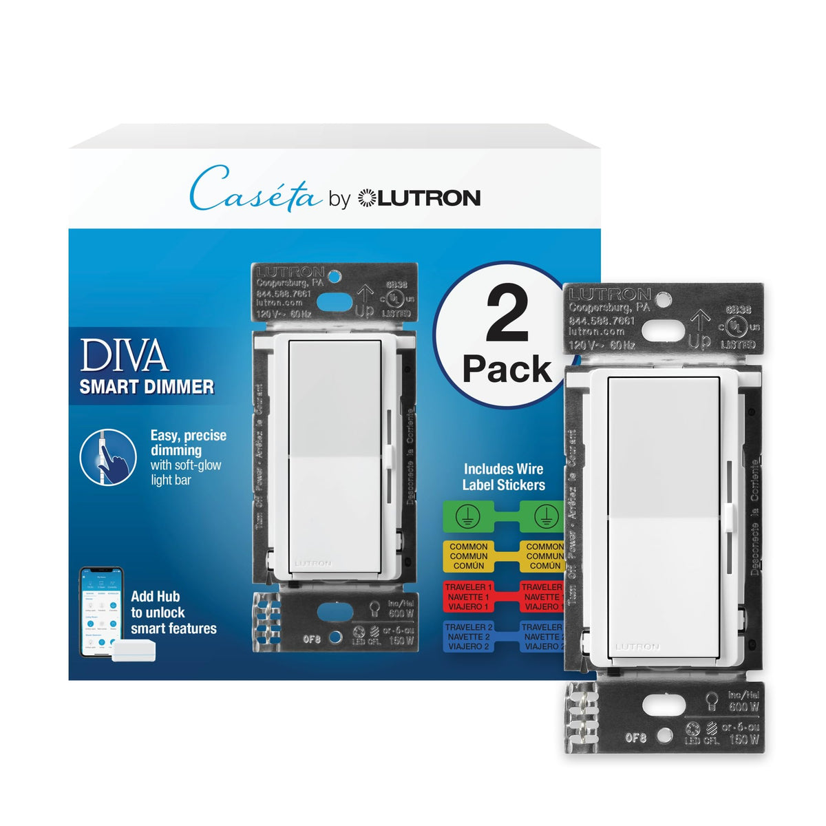 Lutron Caseta Diva Smart Dimmer Starter Kit; Dimmer, Hub, Remote, & More