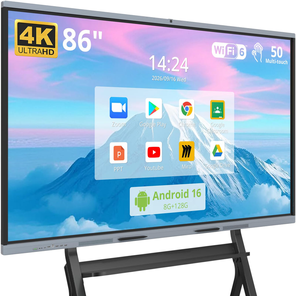 75" AI Pro Smart Board for Classroom & Office, Android 16 & Win 11 16G RAM+256G ROM, 48MP Camera Build in 4K UHD Interactive Whiteboard with Touchscreen & 8 Mic Array,Electronic Whiteboard for Meeting