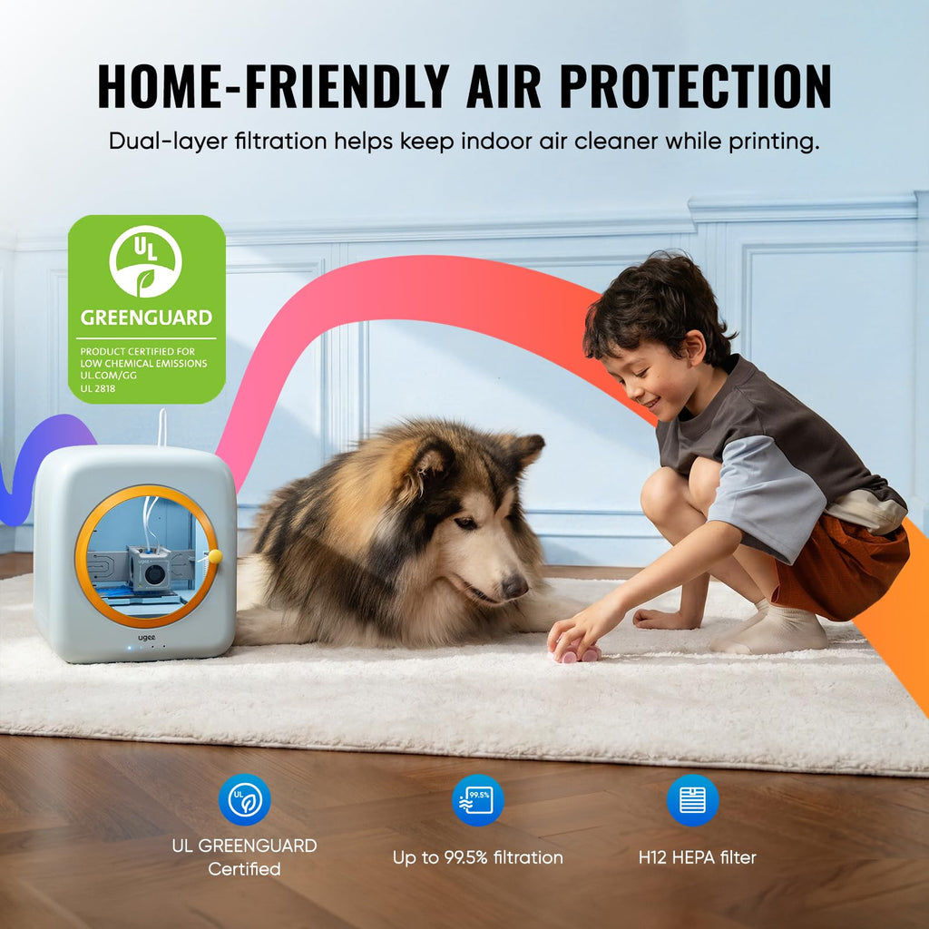 ugee Funbox 3D Printer – Safe Home Air Filter, AI Voice/Photo Modeling, One-Tap App Print, Anti-Scald, Fun Educational Maker for Families