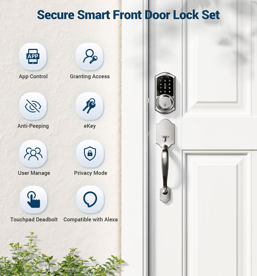 Veise VE06-H Smart Front Door Lock Handle Set, App Control, Satin Nickel