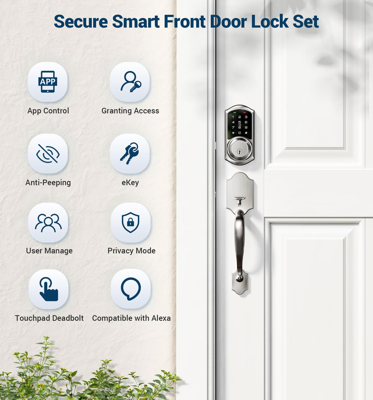 Veise VE06-H Smart Front Door Lock Handle Set, App Control, Satin Nickel