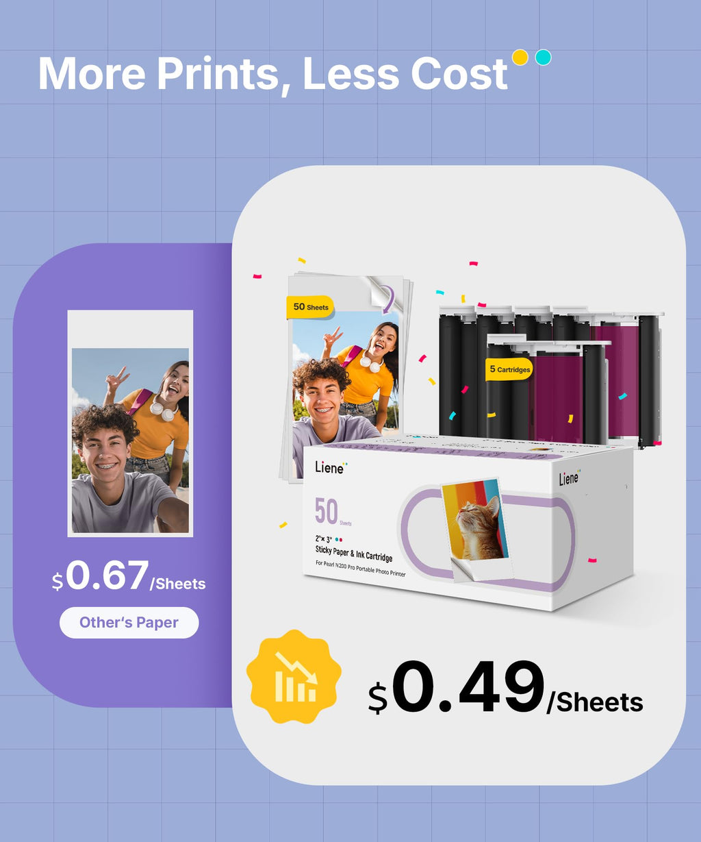 Liene Pearl N200 Pro Portable Photo Printer, Instant Mini Picture Printer for iPhone Smartphone, Thermal Dye Sublimation, Bluetooth Sticker Printer 50 Sheets 2x3 Adhesive Paper & 5 Cartridges, Purple