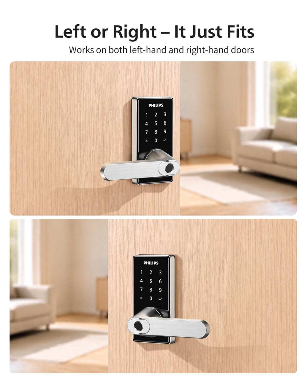 Philips Upgraded Wi-Fi Smart Lock with Handle, Keyless Entry Door Lock, Smart Door Knob, Fingerprint Unlock, App Remote Control, Auto-Lock, Keypad Deadbolt with Lever for Bedrooms, Office, Front Door