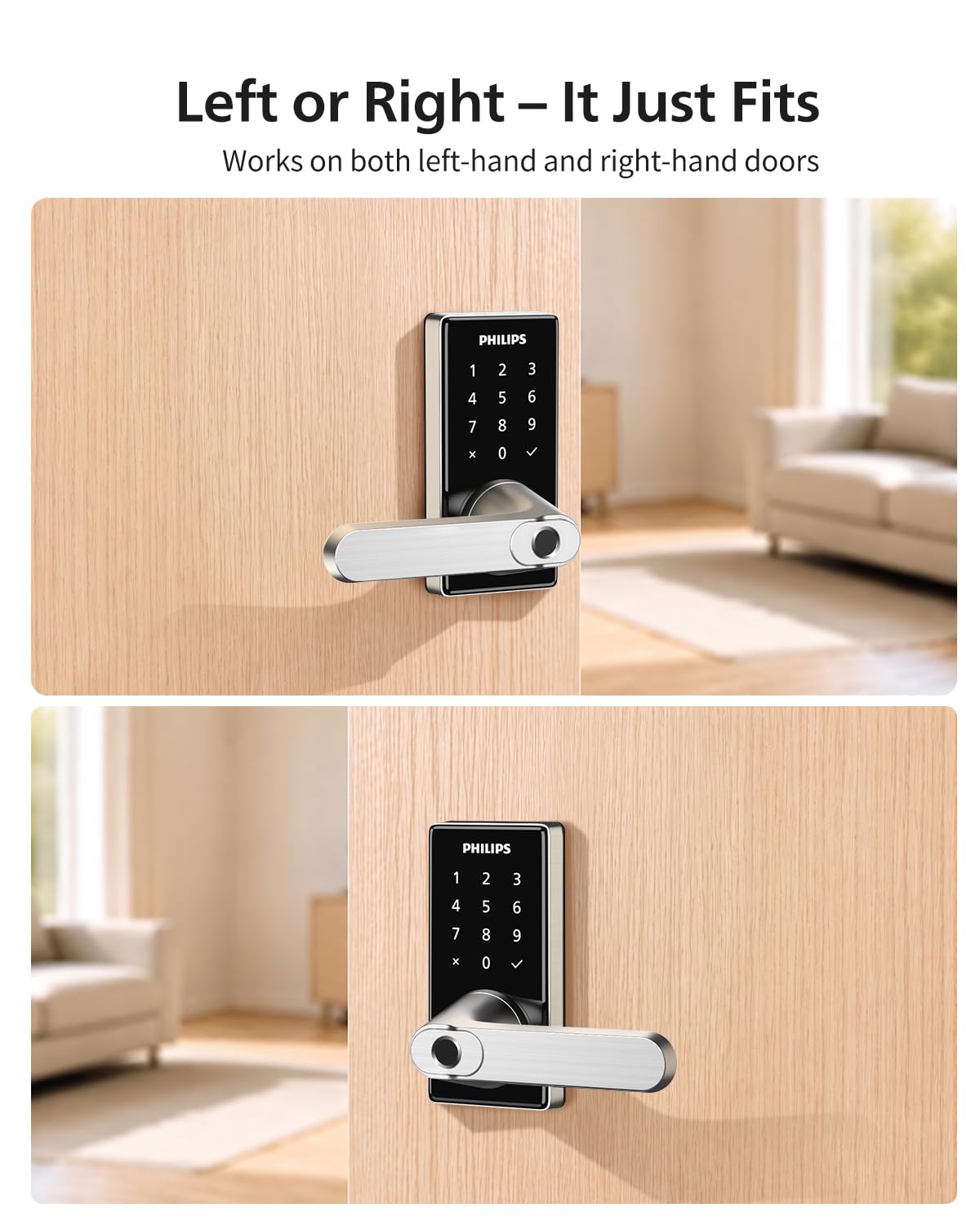 Philips Upgraded Wi-Fi Smart Lock with Handle, Keyless Entry Door Lock, Smart Door Knob, Fingerprint Unlock, App Remote Control, Auto-Lock, Keypad Deadbolt with Lever for Bedrooms, Office, Front Door