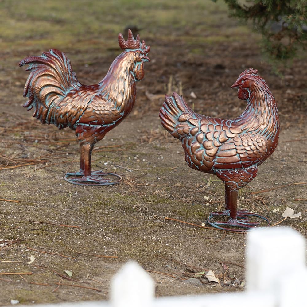 Metal Chicken Decor Outdoor Rooster & Hen Statues Garden Art Gifts