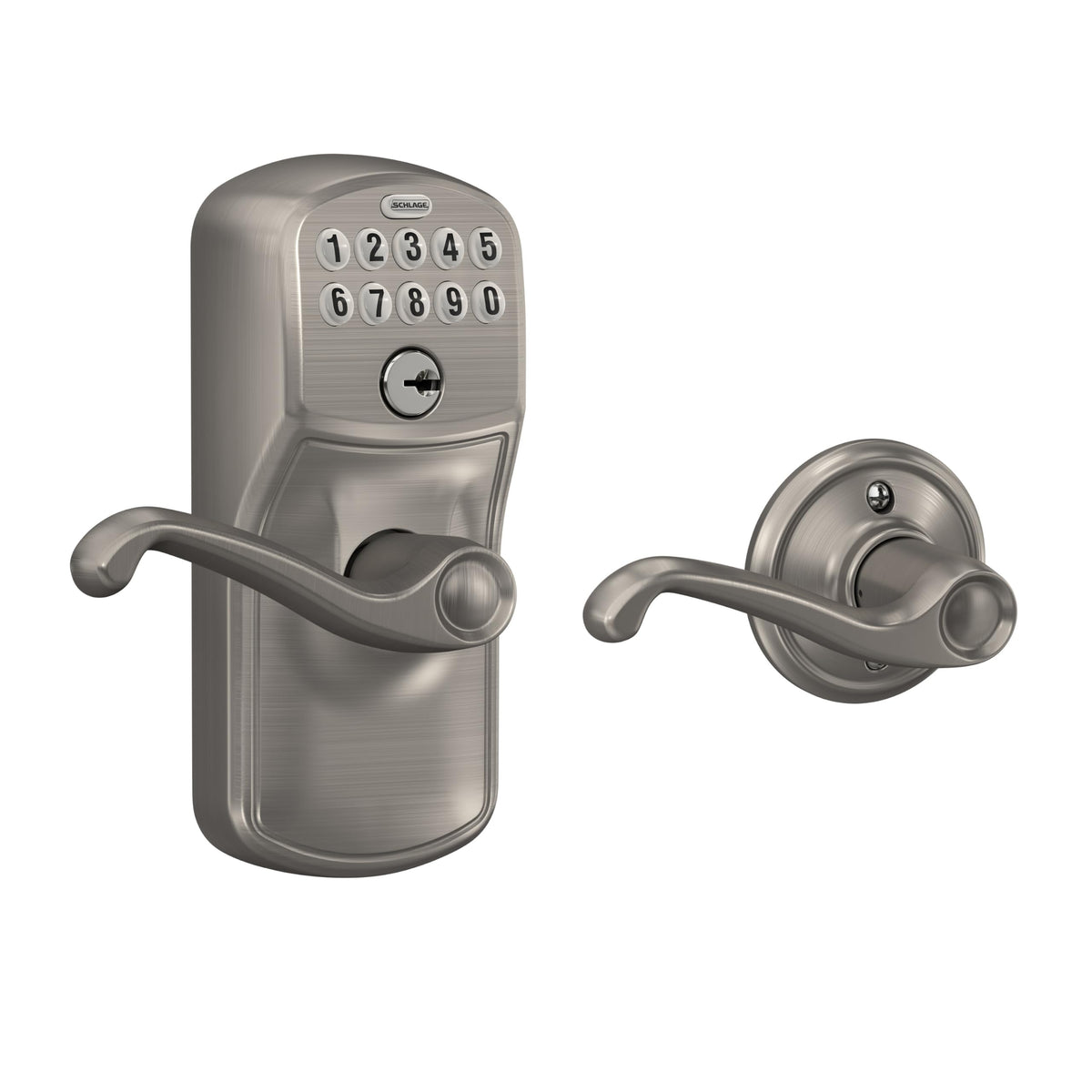 Schlage Electronic Keypad Lock, Lever Handle, Camelot Trim, Satin Chrome