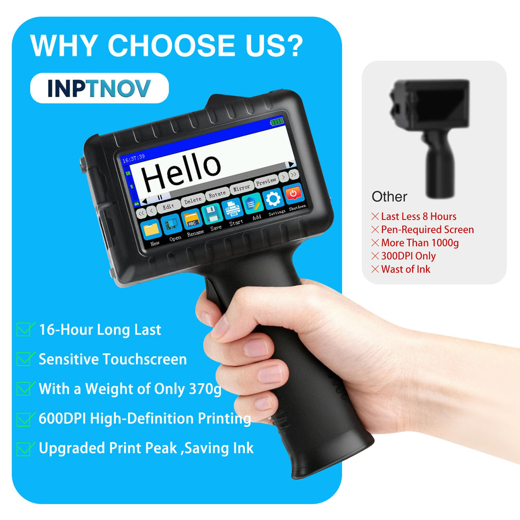 Handheld Inkjet Printer for Text Date Barcode Batch Number, 0.5 Inch Print Height Portable Handheld Printer for Glass Wood Plastic Cardboard Metal,Weight 370g, with 42ml Black Fast Dry Ink