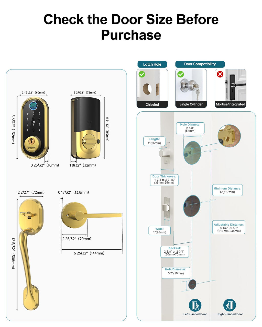 SMONET Fingerprint Smart Lock Front Door Handle Set Digital Deadbolt Gold