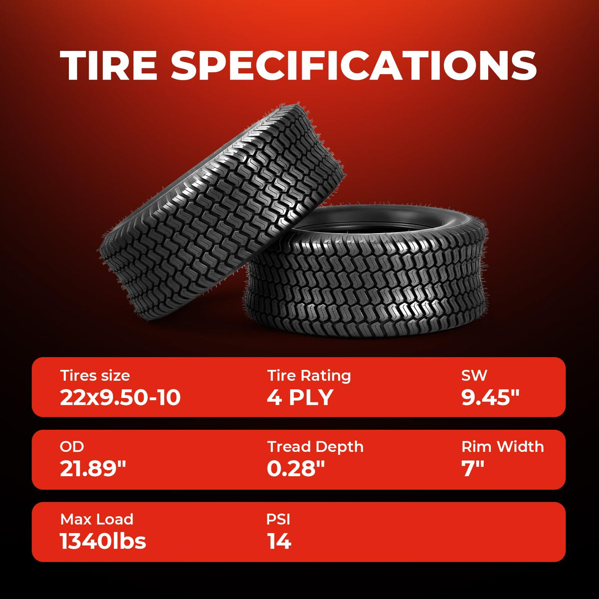 22x9.50-10 Lawn Mower Tires, 4 Ply Tubeless, Set of 2