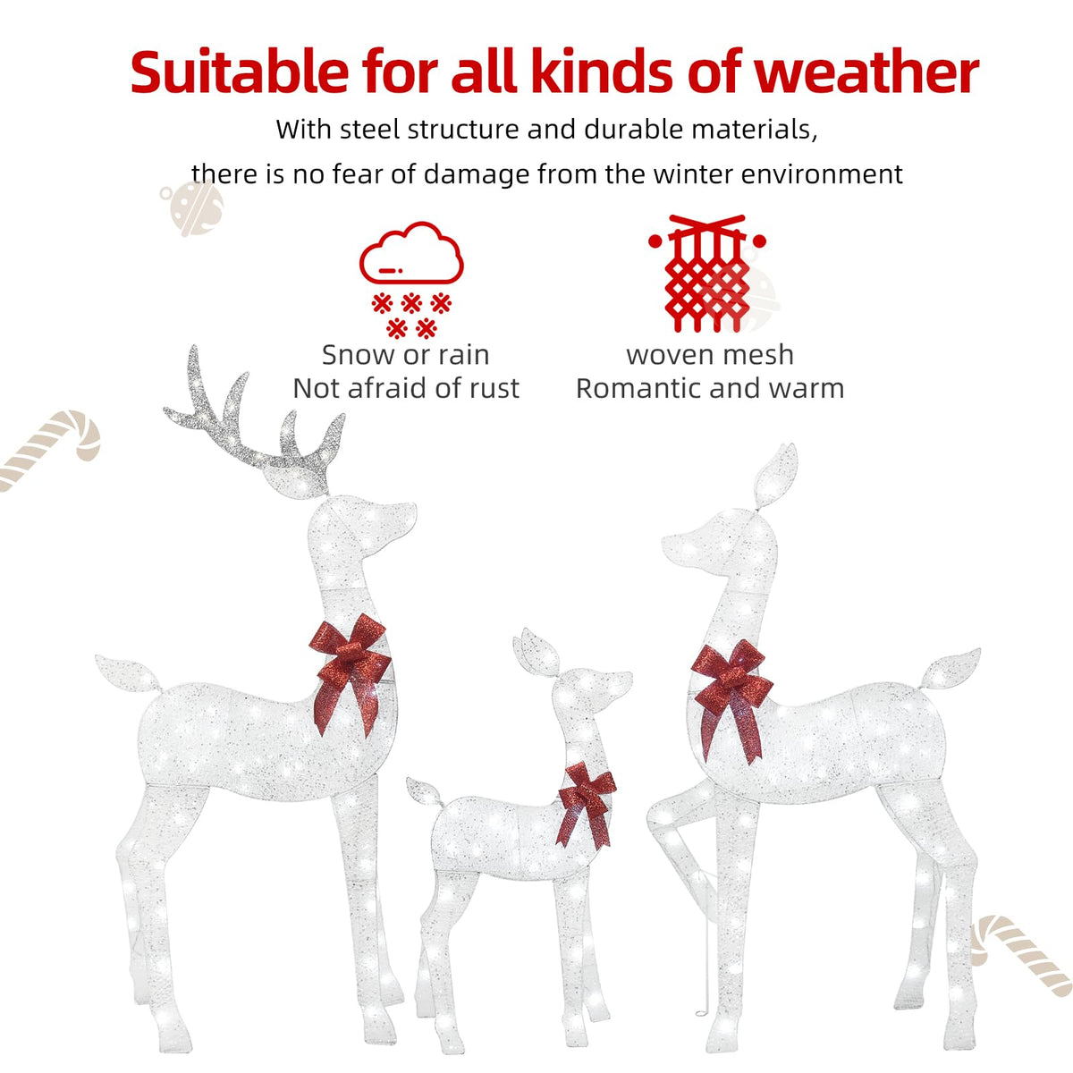 5 FT Oversized Christmas Decorations Outdoor Lighted Reindeer – 3-Piece 2D Deer Family Set with 160 Warm White LED Lights for Yard, Lawn, Garden & Porch Holiday Display - White