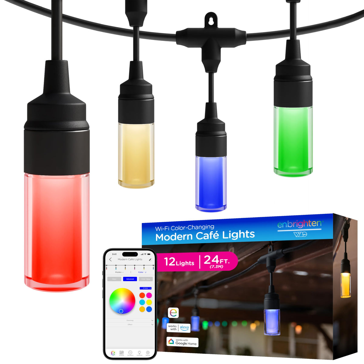 Enbrighten Modern Outdoor String Lights, 48ft, 24 Bulbs