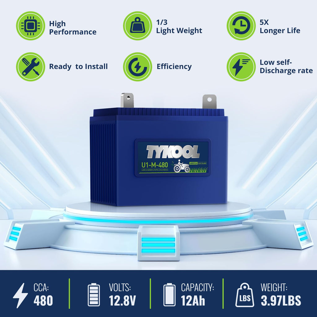 TYKOOL 480CCA, Group U1 Lithium LiFePO4 Lawn Mower Battery,Garden Tractor Battery, Fits for Ride on Lawn Tractor and Mower,Compatible with John Deere,Cub Cadet,Craftsman,Troy-Bilt Mower, and Generator
