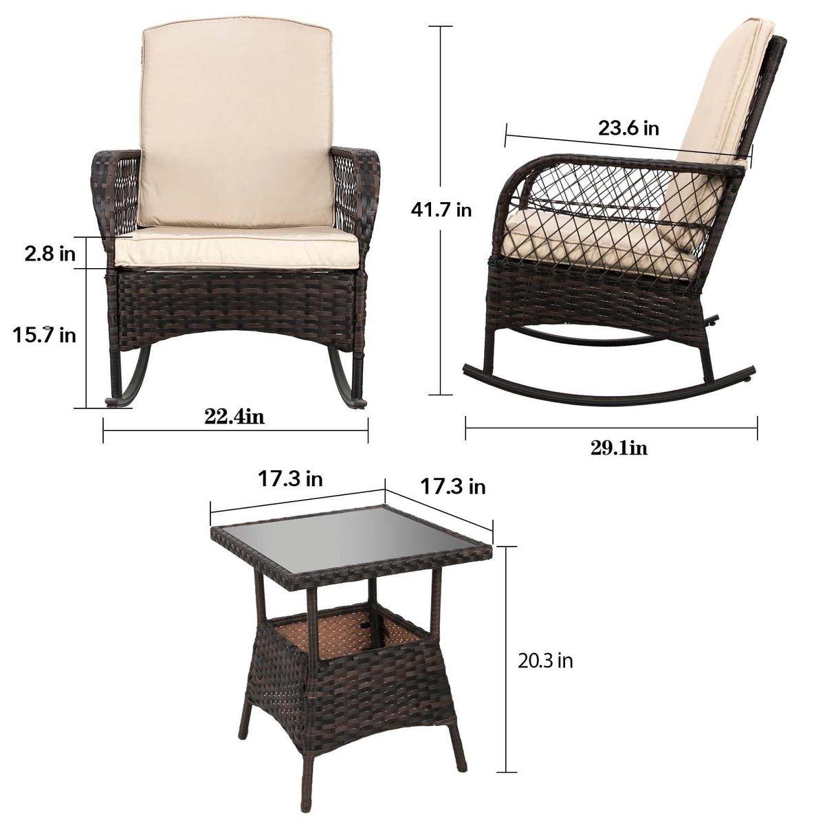 3 pcs Rocking Bistro Set Conversation Chairs PE Wicker Outdoor Rocking Chairs & Glass Table,for Porch Lawn Garden Backyard Deck(Rocking Set,Khaki)