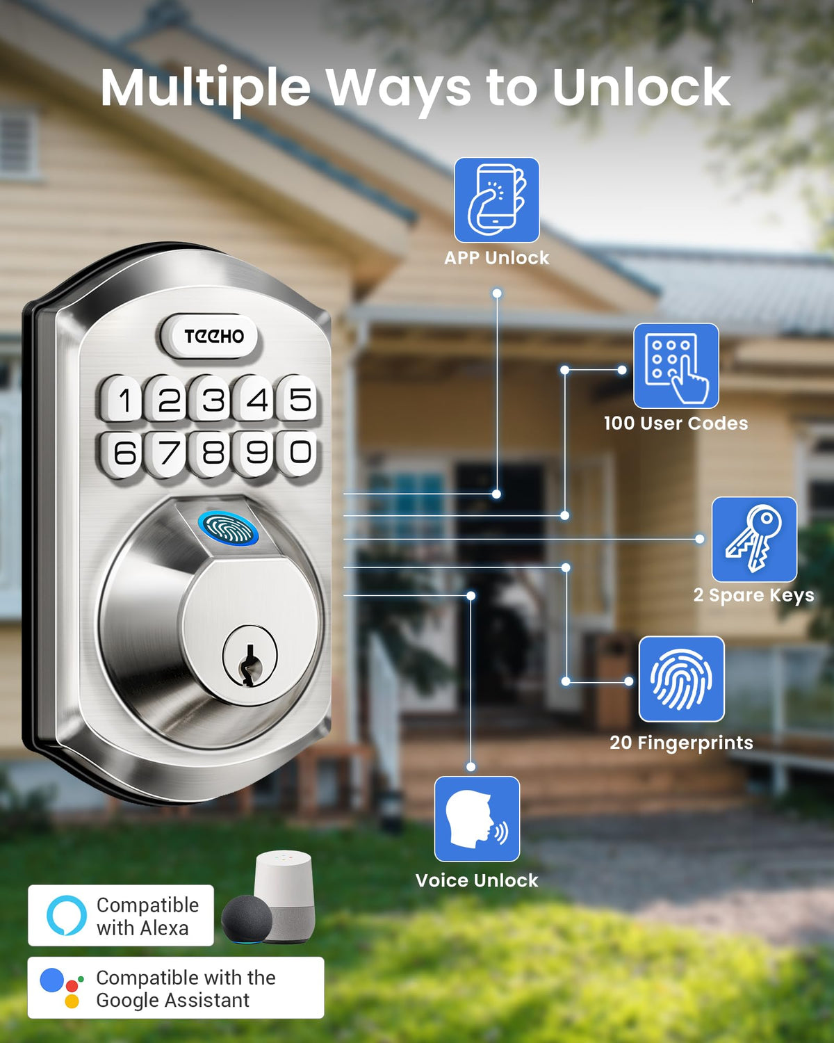 TEEHO TE012W-H WiFi Fingerprint Door Locks for Front Door, Satin Nickel