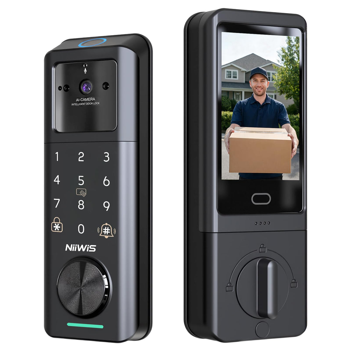 NIIWIS S9 Video Smart Door Lock With Camera,Fingerprint,Indoor Video Screen,16GB Local storage,App Control,Two-Way Audio,IP65 Waterproof,WiFi Deadbolt+HD Doorbell Camera,Keyless Entry,Motion Detection