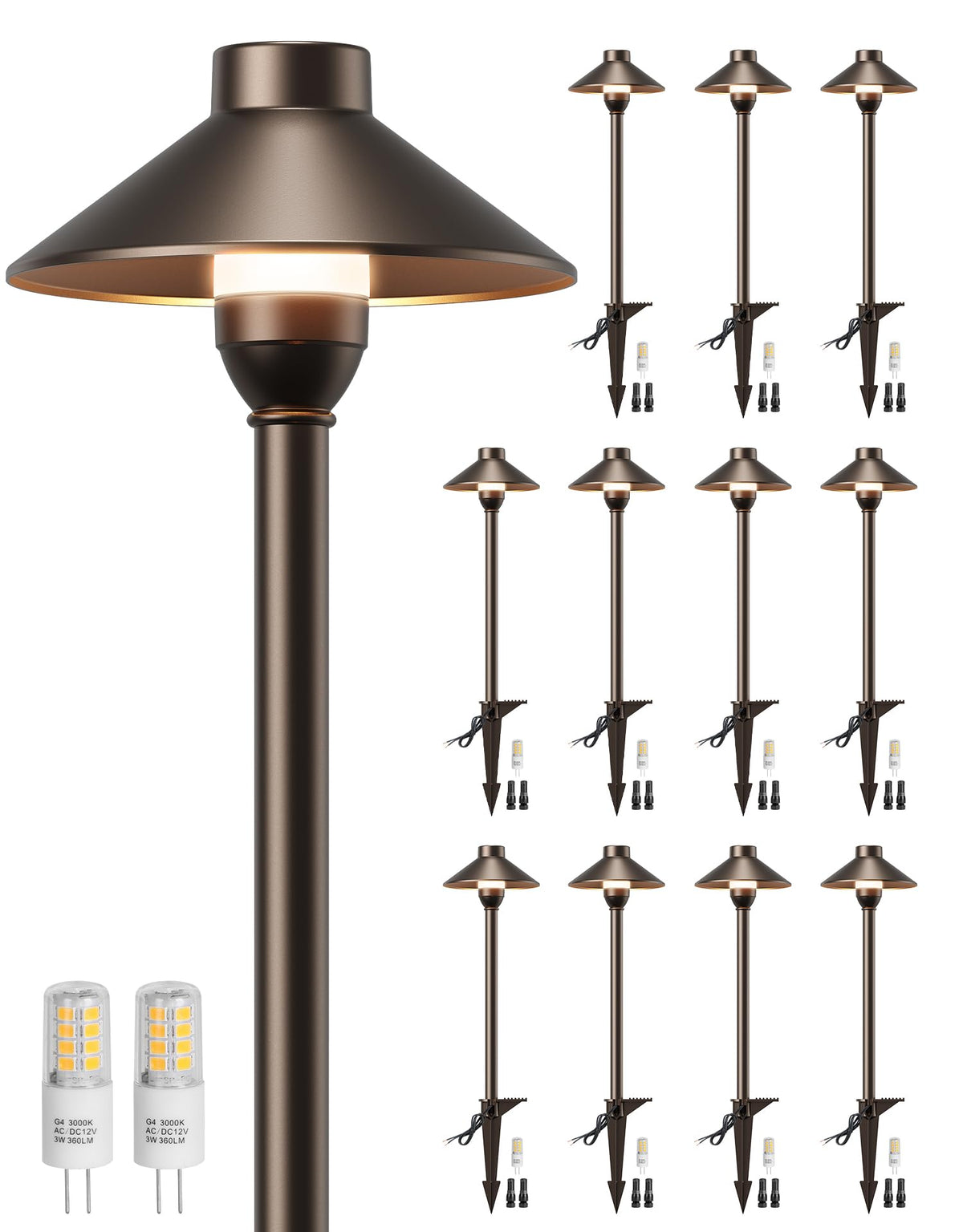 Low Voltage Landscape Lighting 12-Pack, Aluminum 12V Pathway Lights with G4 Bulbs, Waterproof Oil Rubbed Bronze Color Wired Path Lights with Connectors for Walkway Yard Garden