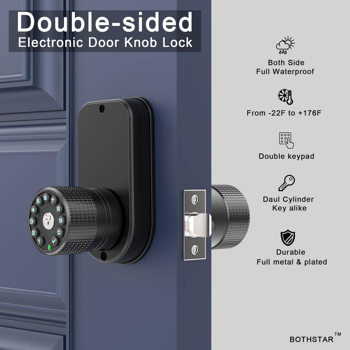 Keypad Door Knob with Key,Keyless Entry Door Lock, Code Locks Door Knob, Auto Lock,50 User Code,Easy to Install,for Home,Office,Bedroom,Garage,No Deadbolt, YJ22-BK, Double Sided Matte Black