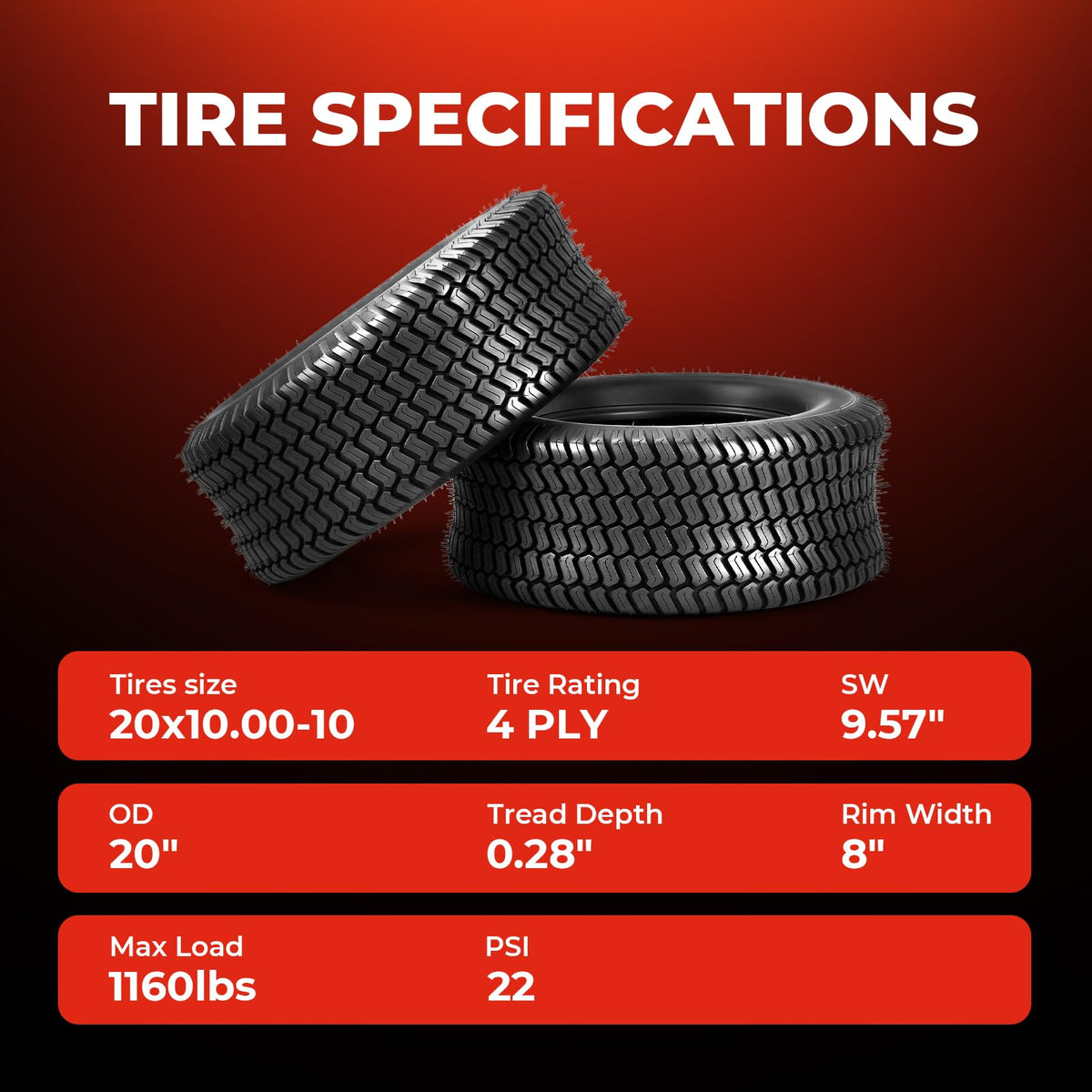 20x10.00-10 Lawn Mower Tires, 4 Ply Tubeless, Set of 2