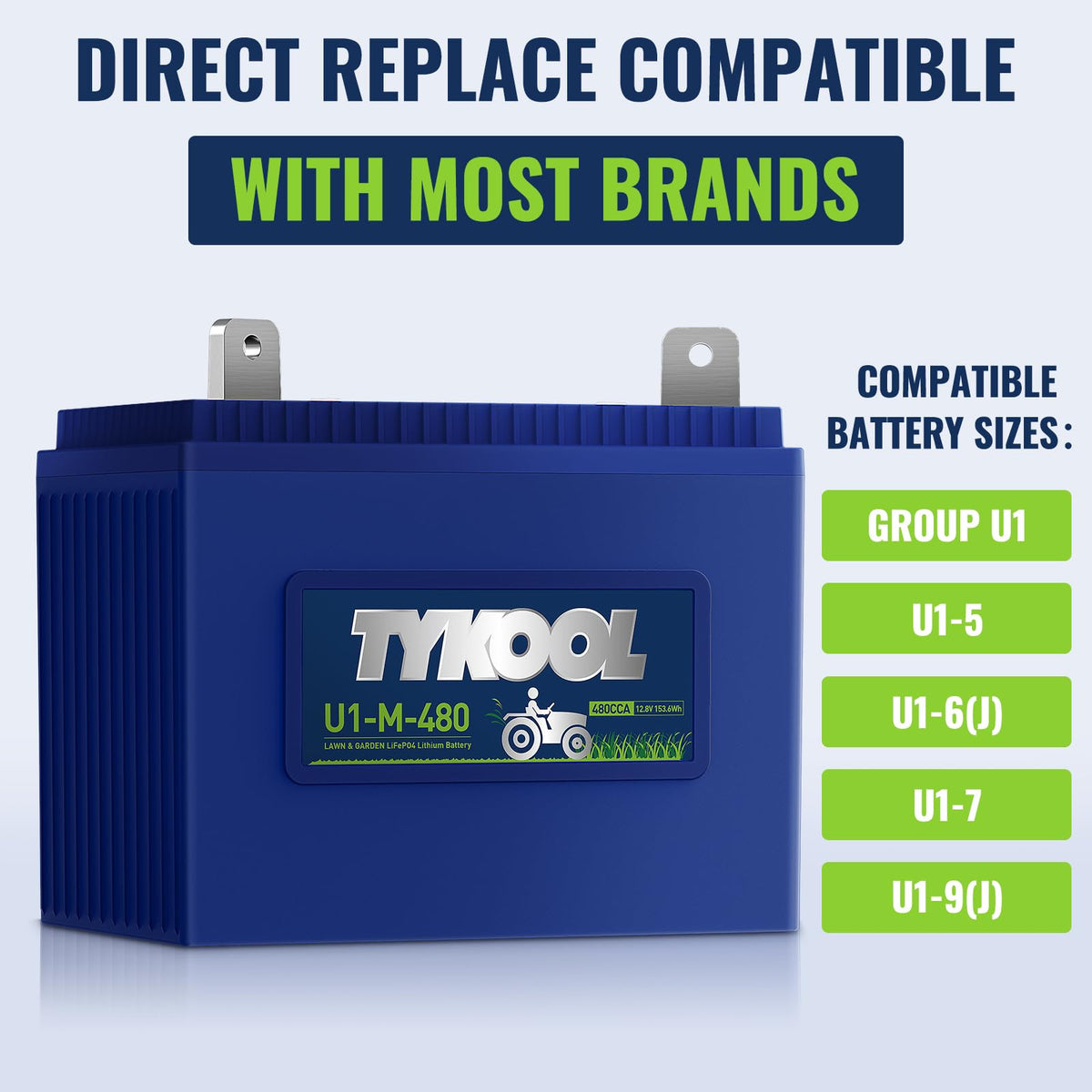 TYKOOL 480CCA, Group U1 Lithium LiFePO4 Lawn Mower Battery,Garden Tractor Battery, Fits for Ride on Lawn Tractor and Mower,Compatible with John Deere,Cub Cadet,Craftsman,Troy-Bilt Mower, and Generator